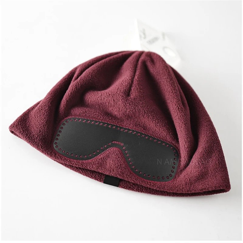 Fleece Beanie with Leather Patch Burgundy Beanie Hats