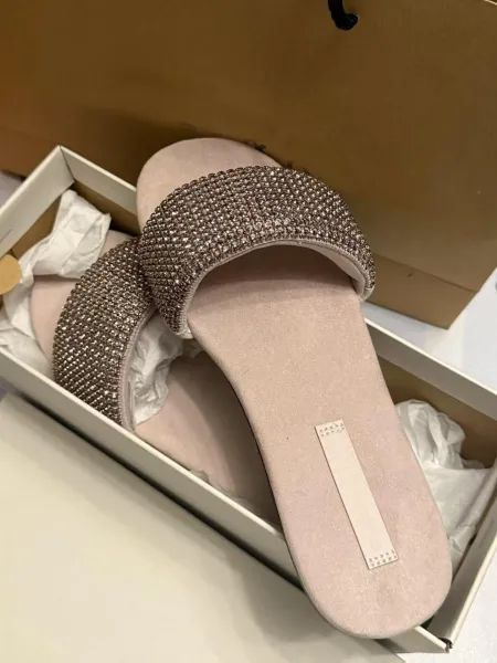 Design Crystal-Embellished Suede Slide Sandals in Blush Pink Slippers - 7