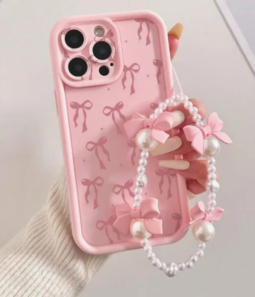 Design Bow Print Pearl Strap Phone Case Pink Phone Accessories - 2