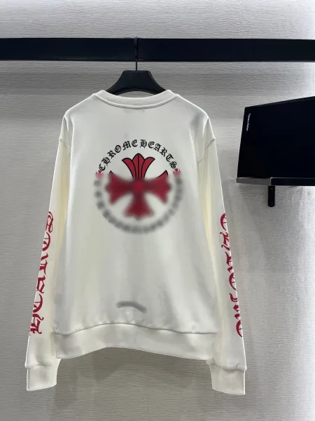 Design Long Sleeve Crewneck Sweatshirt with Red Sleeve Text and Chest Logo White Sweater - 7