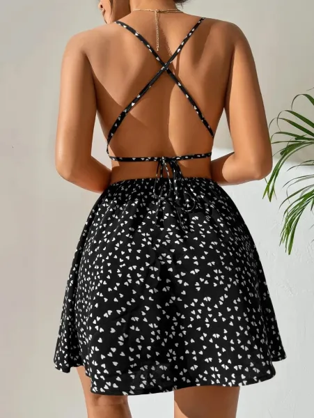 Design Floral Print Heart Pattern Spaghetti Strap A-Line Dress - 6