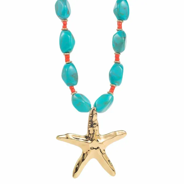 Design Starfish Pendant Turquoise and Coral Bead Necklace Jewelry - 1