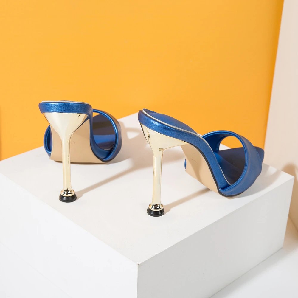 Design Metallic Blue Open-Toe Mule Heels - 8