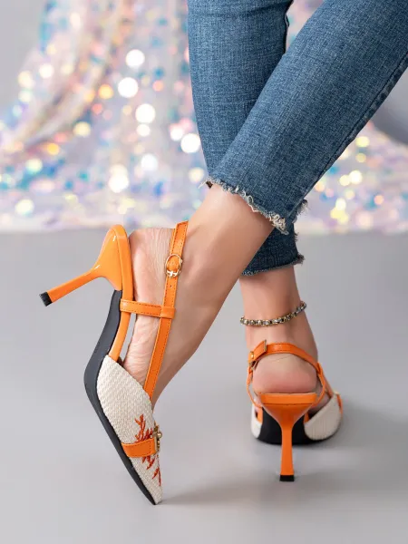 Design Woven Pointed-Toe Slingback Heels with Orange Embroidery and Gold Buckle - 6
