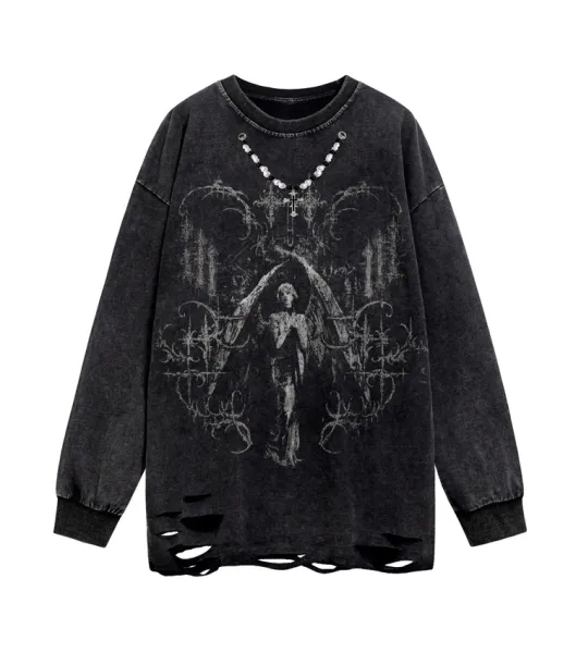 Design Distressed Gothic Angel Graphic Sweatshirt Black Sweater - 10