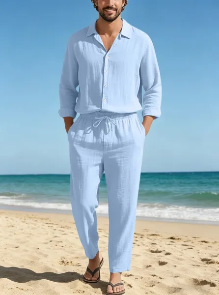 Design Linen Shirt and Drawstring Pants Set White Casual Set - 31