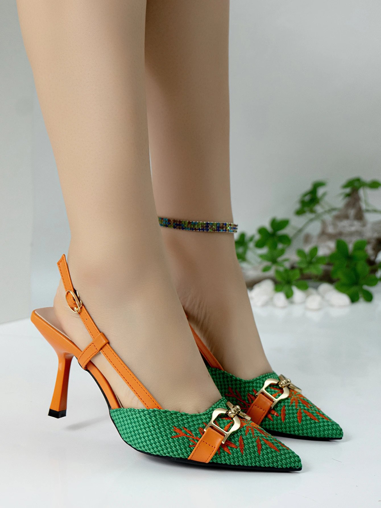 Design Woven Pointed-Toe Slingback Heels with Orange Embroidery and Gold Buckle - 11
