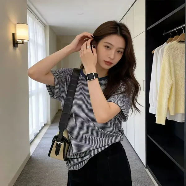 Design Striped Relaxed Fit T-Shirt Brown Beige T-Shirt - 10