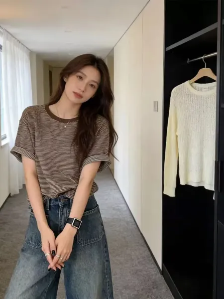 Design Striped Relaxed Fit T-Shirt Brown Beige T-Shirt - 12