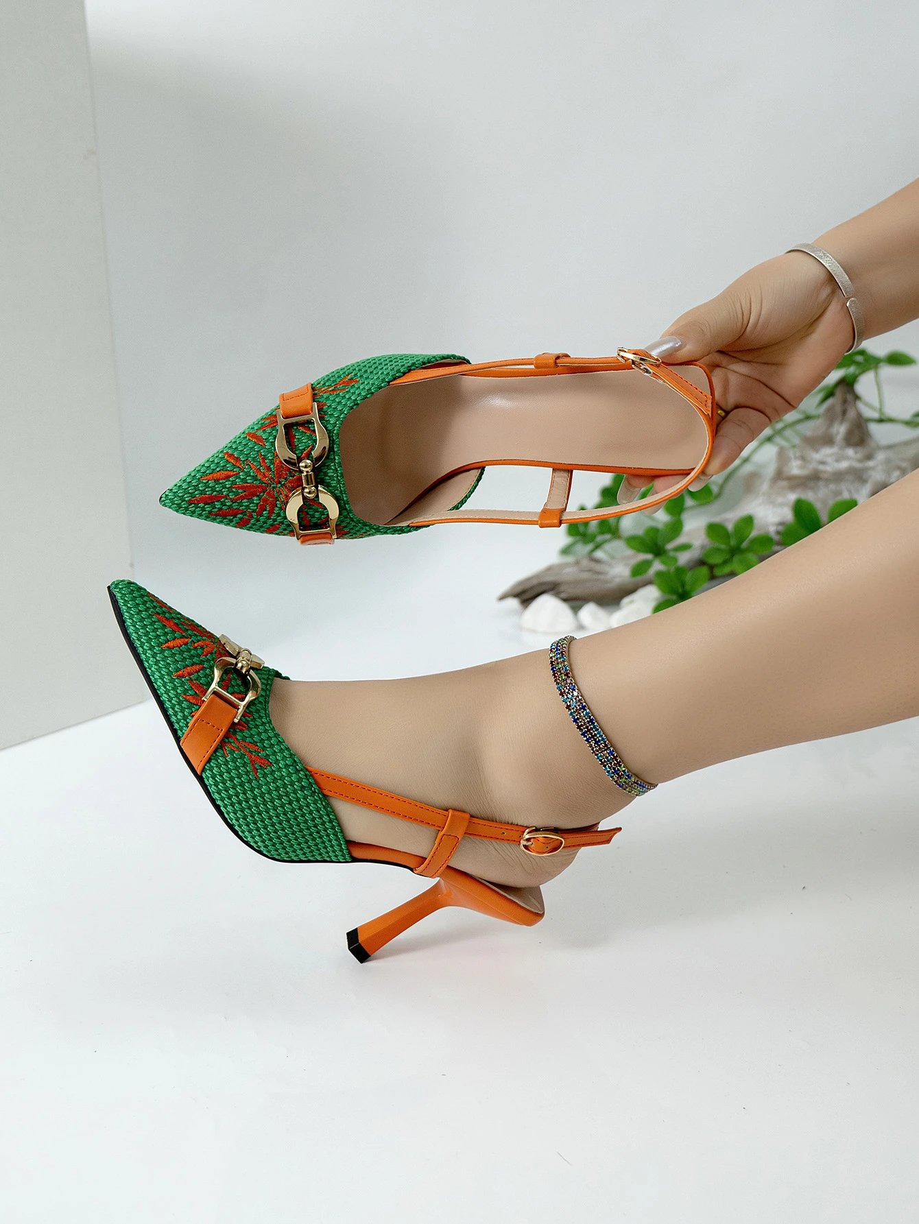 Design Woven Pointed-Toe Slingback Heels with Orange Embroidery and Gold Buckle - 21