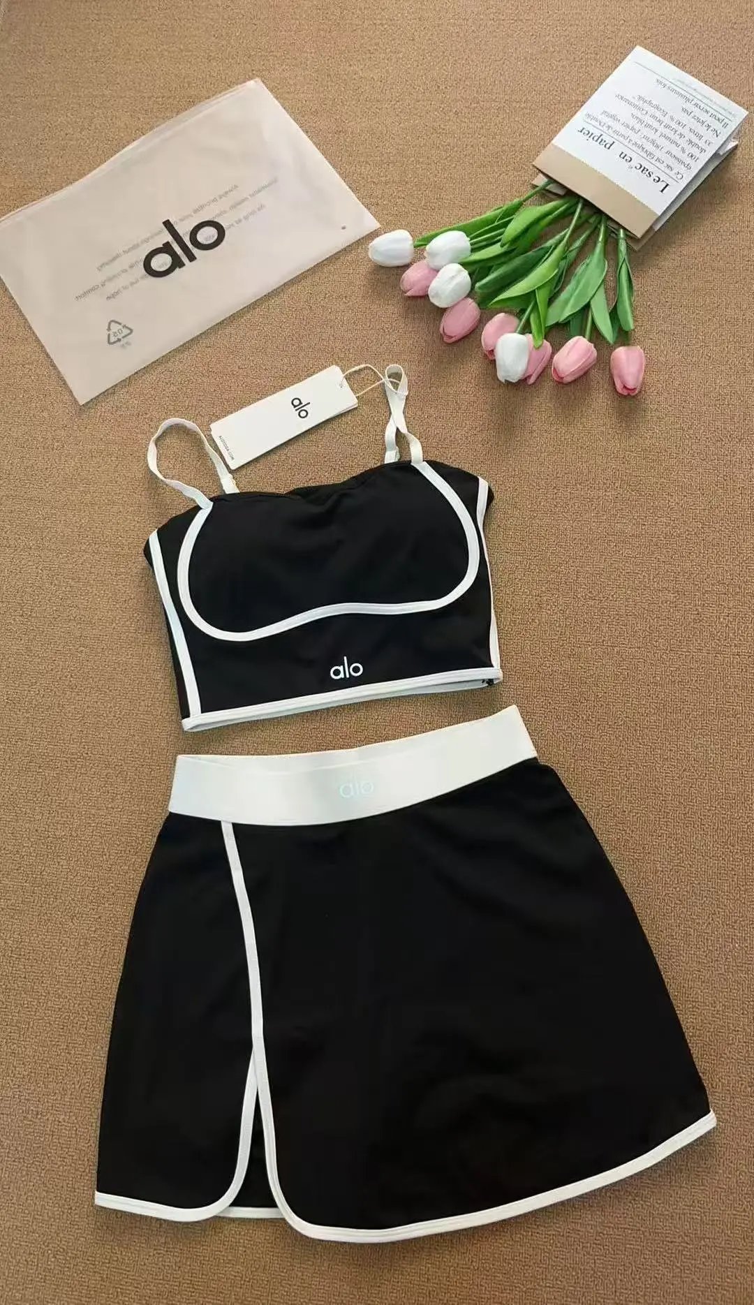 Alo Yoga Studio Crop Top and Skort Set White with Black Trim Activewear - 6