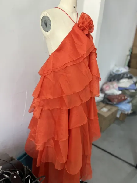Design Ruffled Halter Neck Tiered Dress in Coral Pink Dress - 6