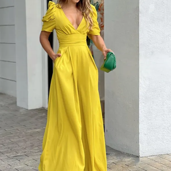 Design Puffed Sleeve V-Neck Lime Green Maxi Dress - 8