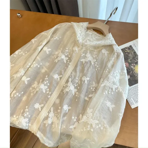 Design Lace-Embroidered Hooded Zip-Up Blouse White Tops Shirt - 5