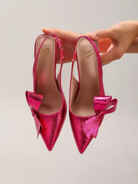 Design Bow Detail Nude Patent Leather Slingback Stilettos - 29