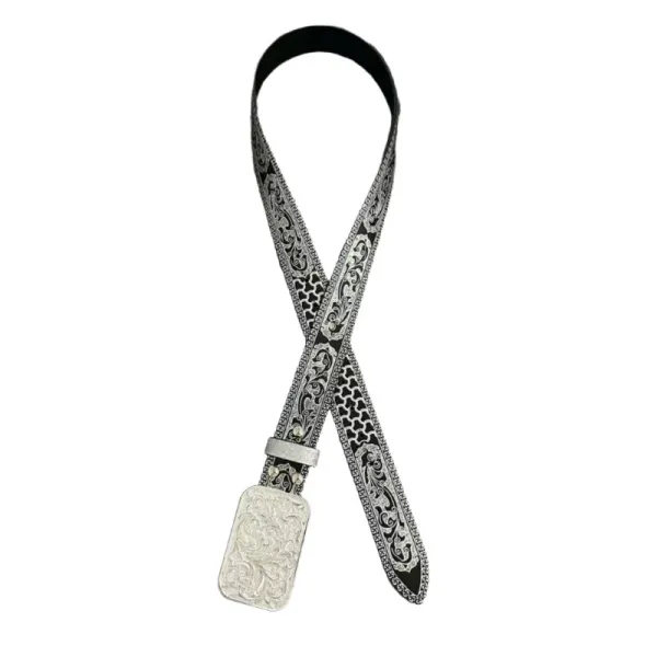 Design Ornate Silver-Embossed Black Leather Belt with Floral Filigree Buckle Belts - 8