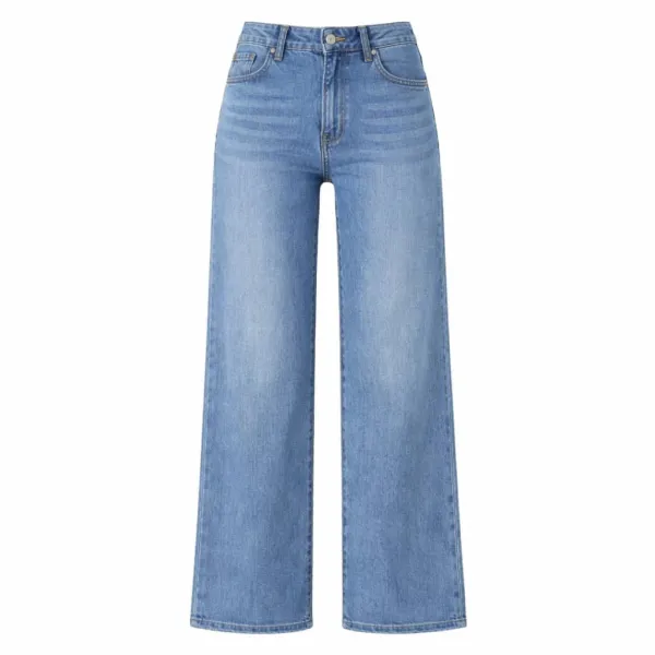 Design Wide-Leg High-Waisted Blue Jeans with White Long-Sleeve Crop Top - 6