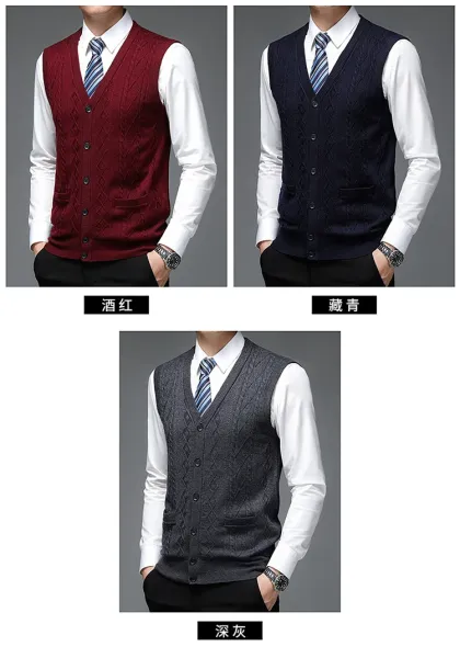 Design Cable Knit V-Neck Cardigan Vest Burgundy Outerwear - 11