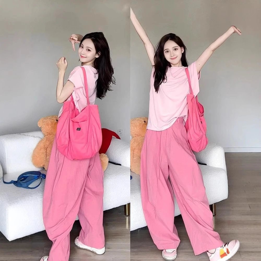 Design Oversized Layered T-Shirt and Wide-Leg Pants Set in Pink Casual Set - 10
