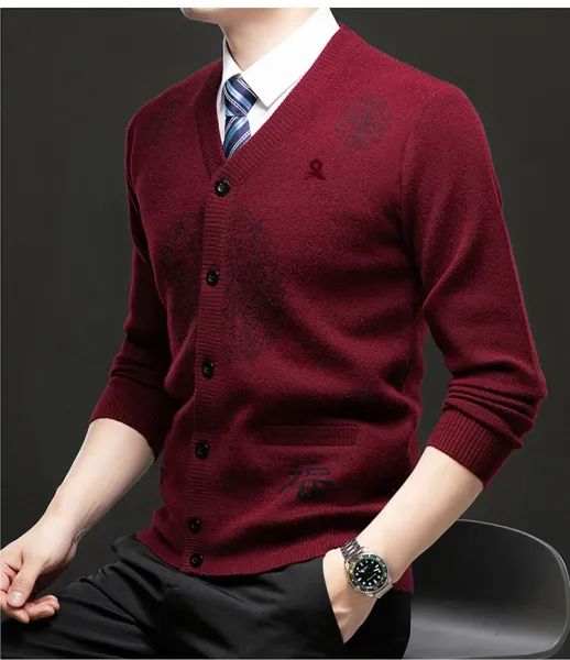 Design Embroidered Chinese Character Cardigan Burgundy Sweater Outerwear.cardigan - 21