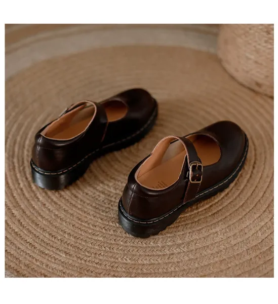 Design Mary Jane Shoes Brown Leather with Buckle Strap - 15
