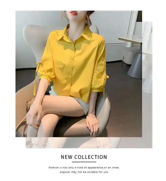 Design Bow-Sleeve Button-Up Shirt White Tops Shirt - 14