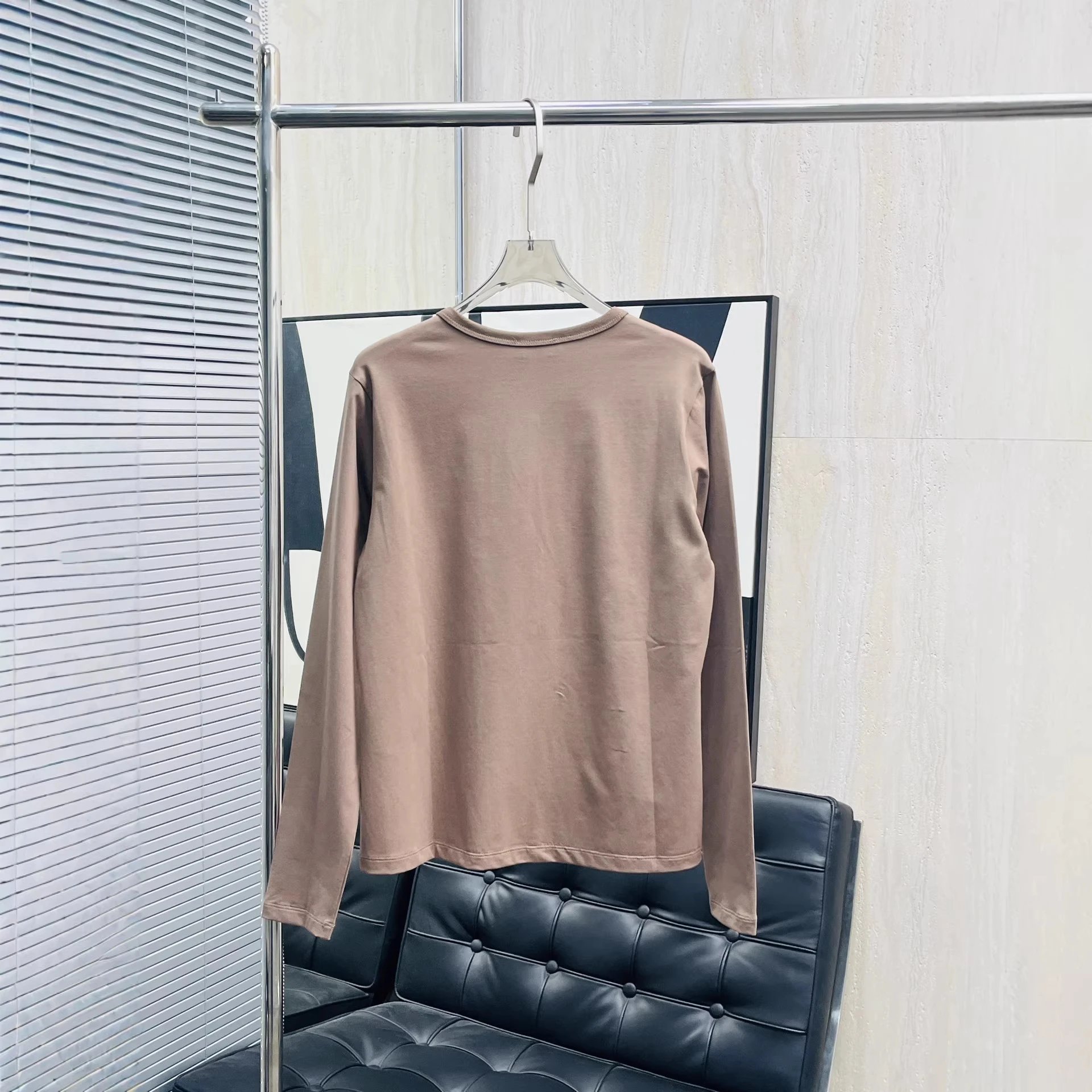 Cotton Long Sleeve T-Shirt Beige Navy Embroidered Minimalist