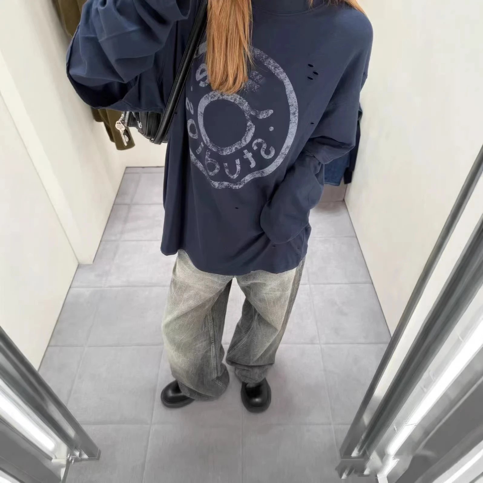 Oversized Navy Blue Graphic Print Distressed Long Sleeve T-Shirt