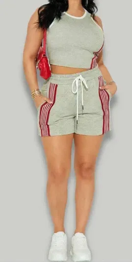 Design Cropped Tank Top and Stripe-Trimmed Shorts Set Black - 5