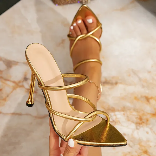 Design Strappy Pointed-Toe Mules Gold Heels - 2