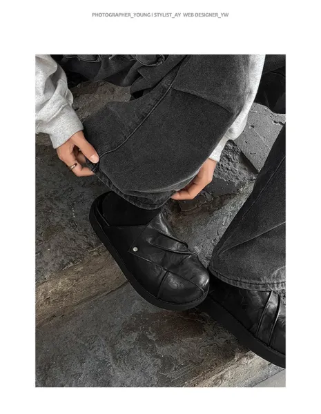Design Chunky Leather Slide Black Slipper - 9