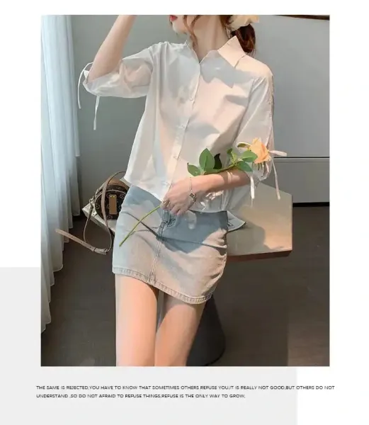 Design Bow-Sleeve Button-Up Shirt White Tops Shirt - 18