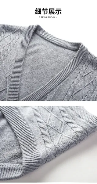 Design Cable Knit V-Neck Cardigan Vest Burgundy Outerwear - 23