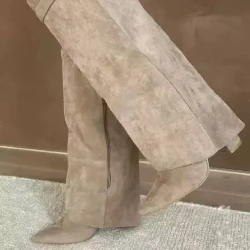 Suede Wide-Leg Trousers in Beige Pants