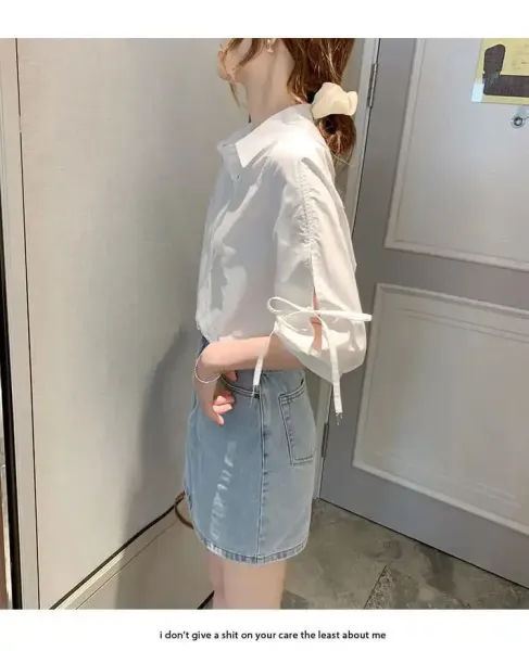 Design Bow-Sleeve Button-Up Shirt White Tops Shirt - 23