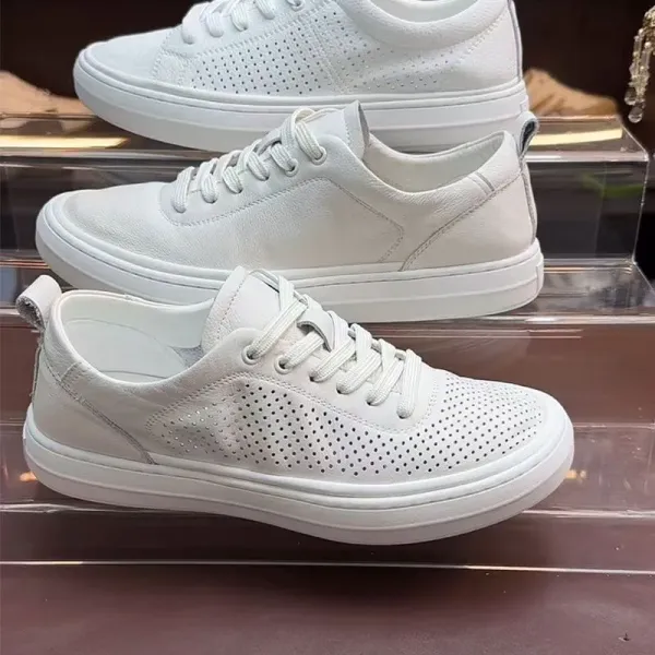Design Perforated Leather Low-Top White Sneakers - 1