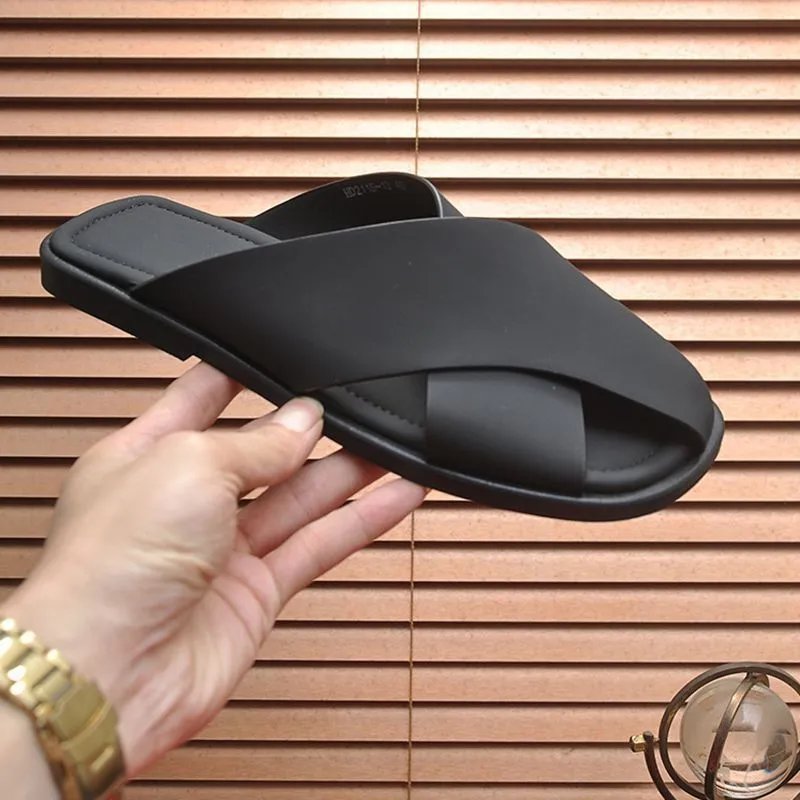Black Leather Cross-Strap Flat Slide Sandals