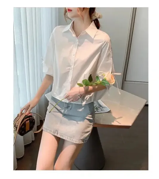 Design Bow-Sleeve Button-Up Shirt White Tops Shirt - 25