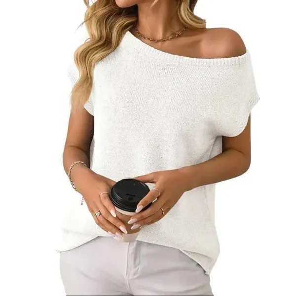 Design Off-Shoulder Knit Top White Tops.sweater - 5