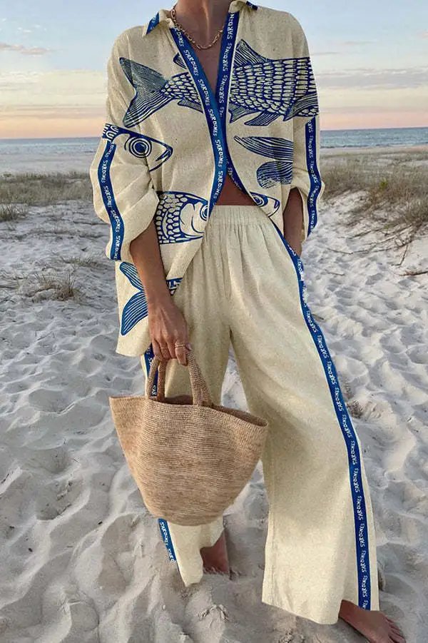 Design Printed Bird Motif Shirt with Colorblock Cuff Pants and Straw Bucket Bag Clothing - 6