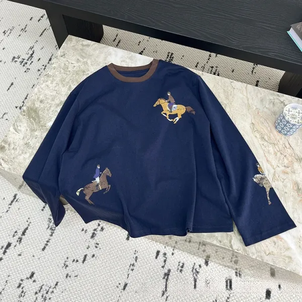 Design Equestrian Print Long Sleeve T-Shirt Navy - 1