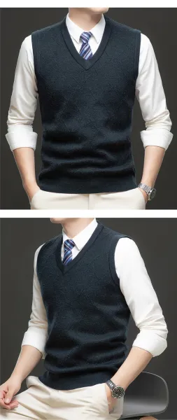 Design V-Neck Knit Vest Navy Blue Vest Top - 33