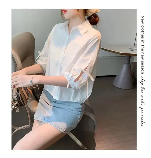 Design Bow-Sleeve Button-Up Shirt White Tops Shirt - 30