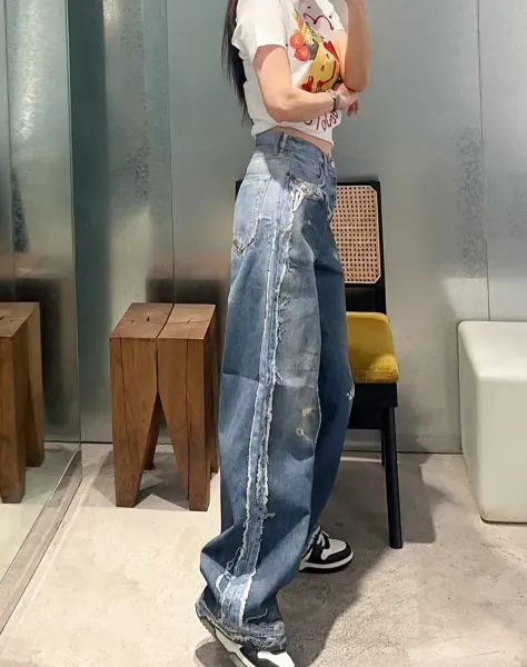 Design Wide-Leg Distressed Denim Jeans Blue - 6