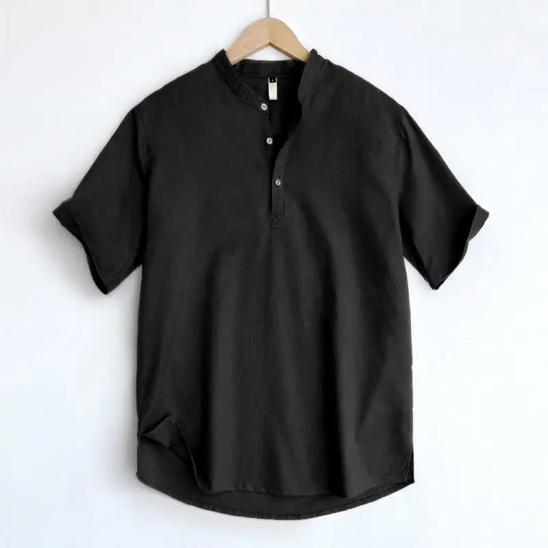 Linen Short Sleeve Beige Mandarin Collar Shirt