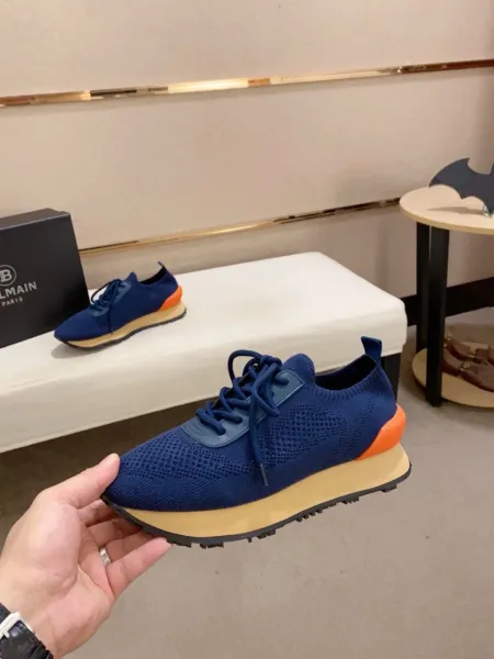 Balmain Knit Sneaker Navy Blue with Orange Heel Tab and Gum Sole - 2