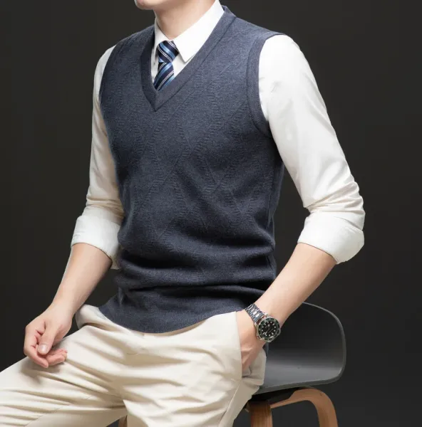 Design V-Neck Knit Vest Navy Blue Vest Top - 63