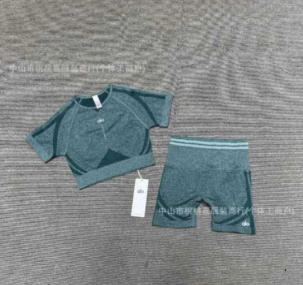 Alo Yoga Performance Crop Top and Biker Shorts Set Gray Activewear - 10