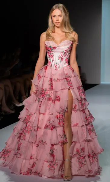 Design Floral Tiered Corset Gown Pink Dress - 9
