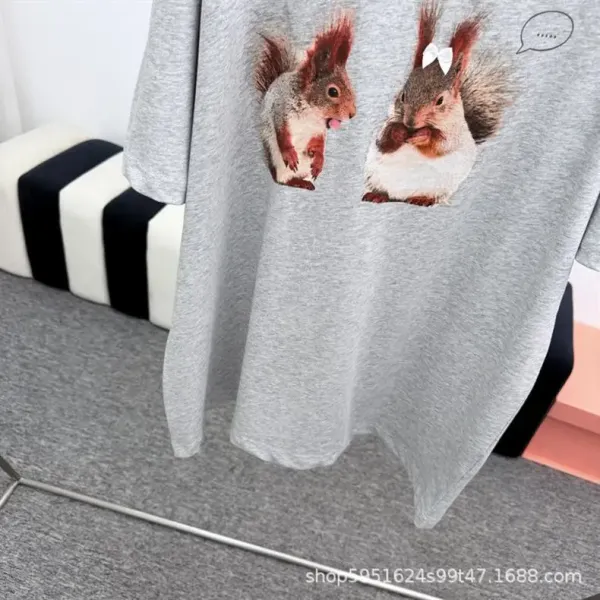 Design Squirrel Print Off-Shoulder T-Shirt Gray - 6